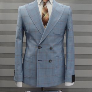 Sea Blue Double Breasted Suit In Striped Burgundy